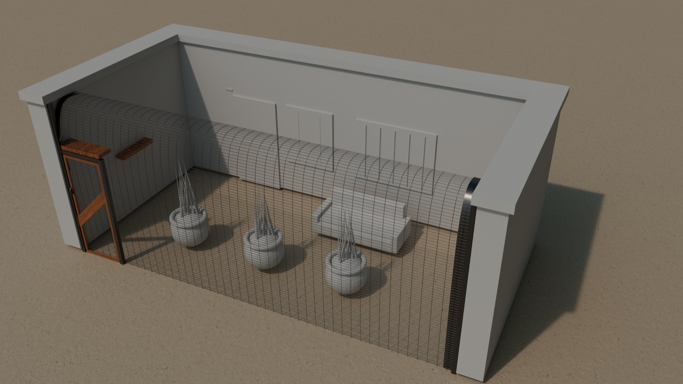 3D render of a mesh cat tunnel running along the wall of an enclosed patio with seating and planters