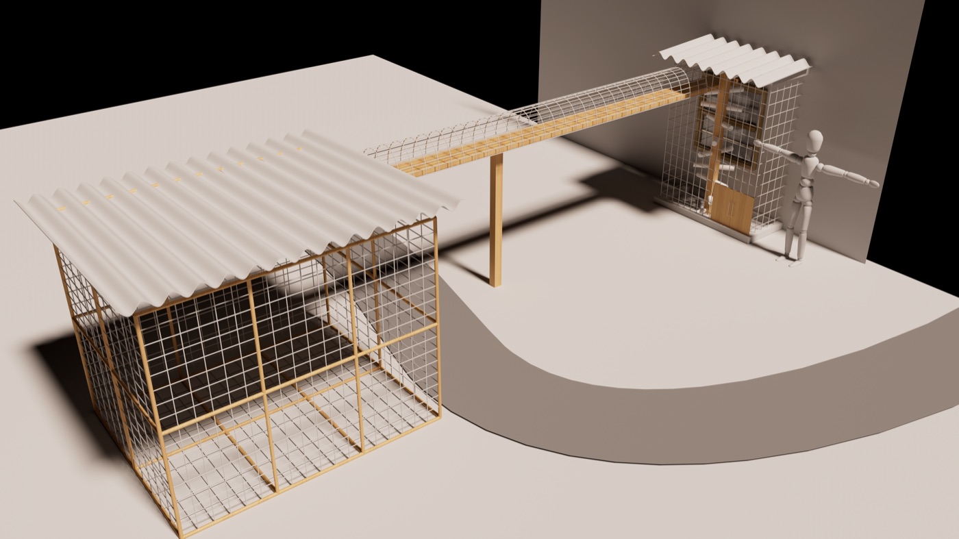 3D render of two backyard catio enclosures connected by an elevated mesh cat tunnel
