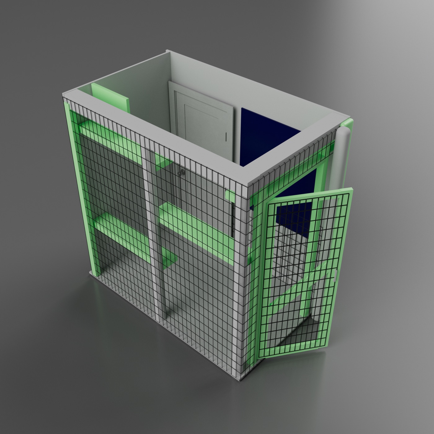 3D schematic render of a compact patio catio with shelves, climbing ramp, and a mesh entry door
