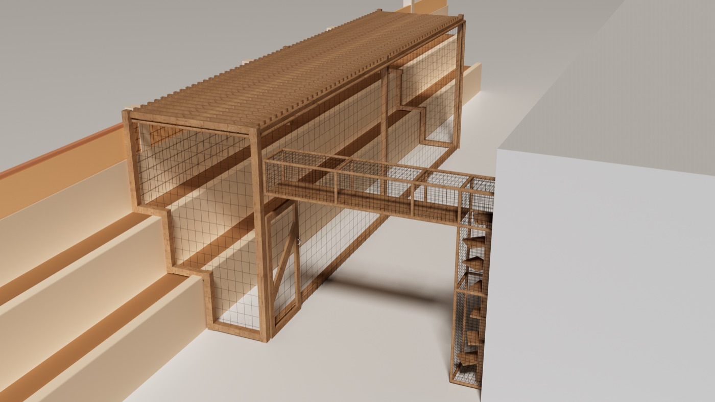 3D render of a long cedar catio with an elevated catwalk bridge connecting to a second enclosure