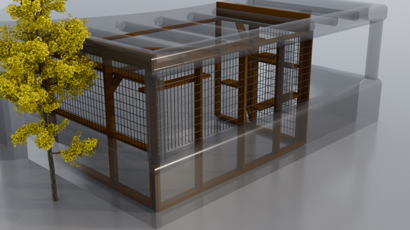 3D concept render of a catio built into an existing backyard pergola