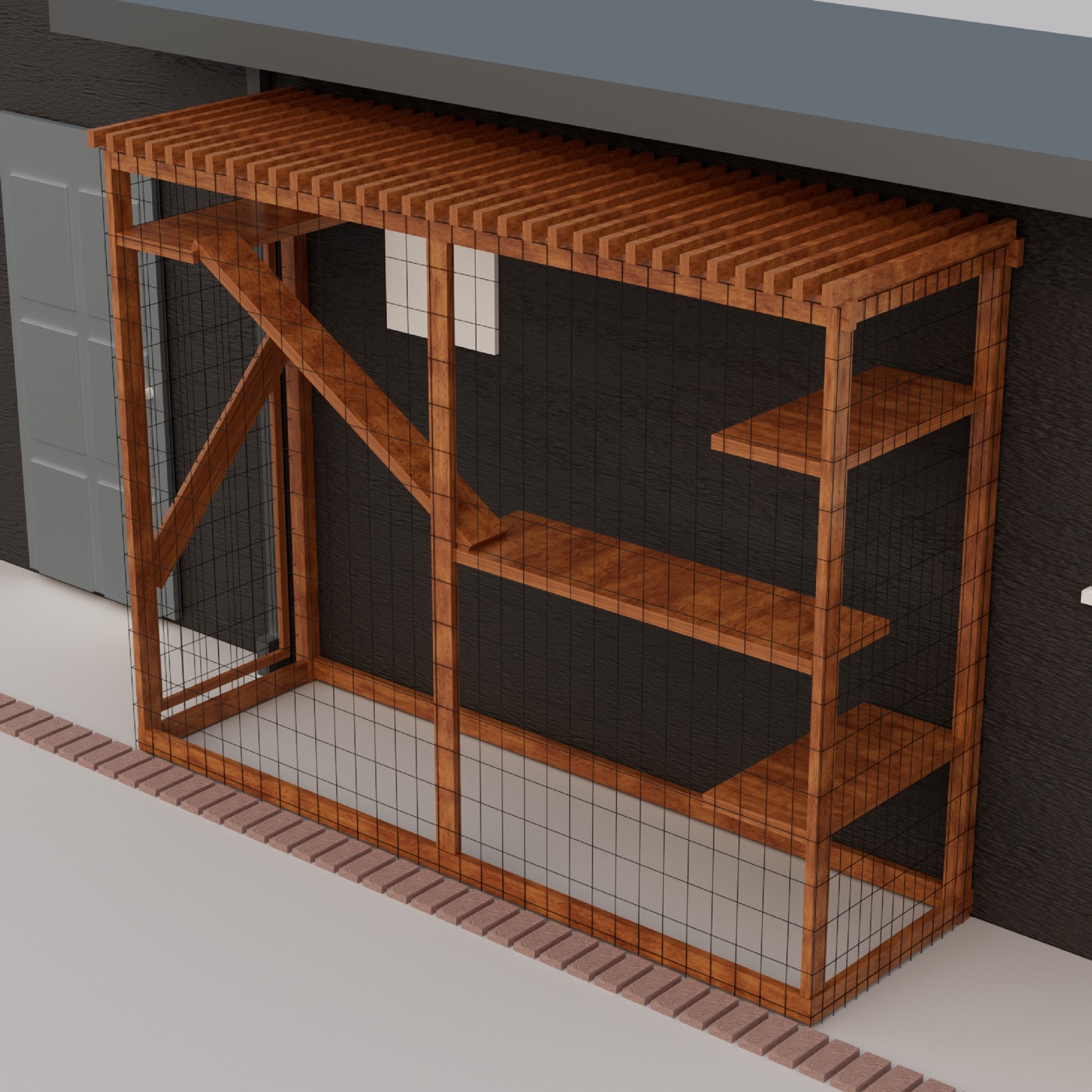 Close-up 3D render of a cedar catio showing the pergola roof, climbing ramp, and perch shelves