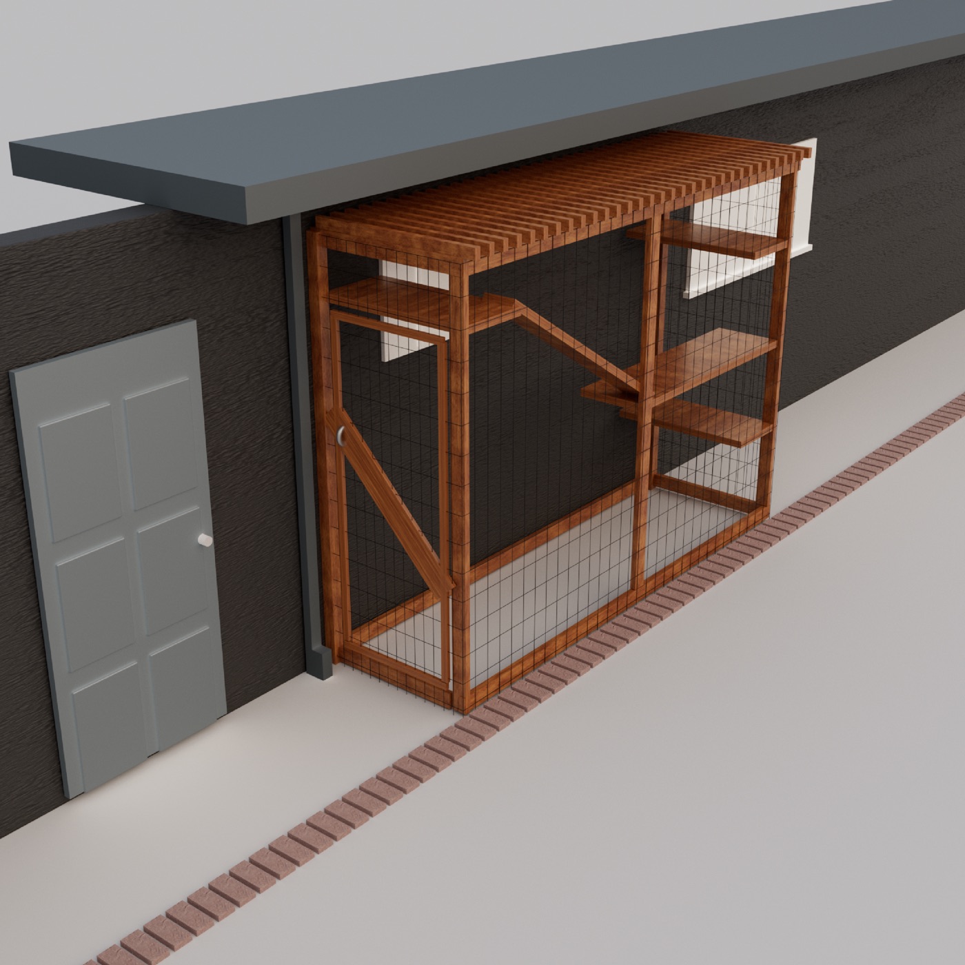 3D render of a cedar catio with slatted pergola roof, window access, and climbing shelves along an exterior wall